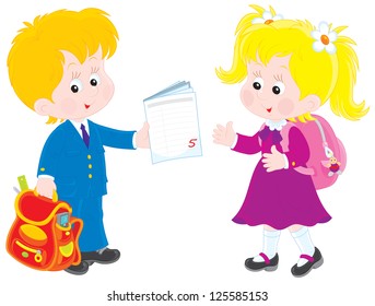 Schoolboy and schoolgirl talking