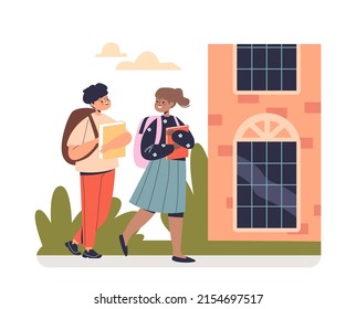 Schoolboy and schoolgirl walking to school together. Pupils friends talk going to lesson in classroom. Education and class learning concept. Cartoon flat vector illustration