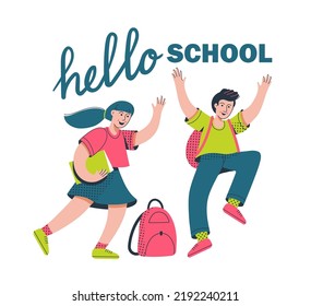 Schoolboy and schoolgirls with backpack waving hands and saying hello to school. Happy schoolchildren going back to school. Vector illustration