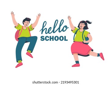 Schoolboy and schoolgirls with backpack waving hands and saying hello to school. Happy schoolchildren going back to school. Vector illustration