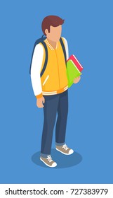 Schoolboy from secondary school with backpack, holding books in hands vector illustration isolated. Pupil cartoon character with rucksack