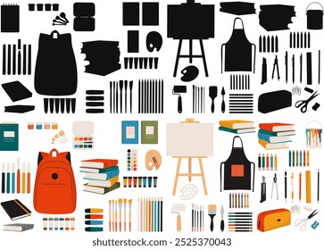 schoolboy set, everything for school, backpack, books, drawing items in flat style on white background, vector