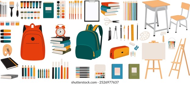 Conjunto de colegial, todo para la escuela en estilo plano sobre fondo blanco, Vector