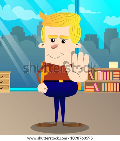 Schoolboy showing deny or refuse hand gesture. Vector cartoon character illustration.