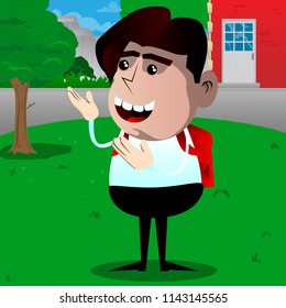 Schoolboy showing something with both hands, powerful hand gesture. Vector cartoon character illustration.