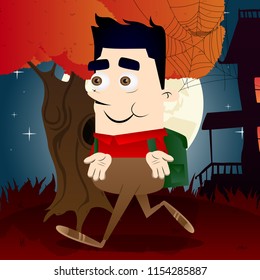 Schoolboy showing something with both hands or expressing don't know gesture. Vector cartoon character illustration.