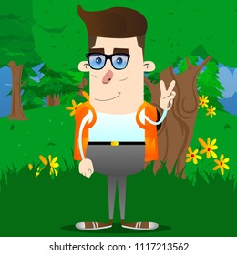 Schoolboy showing the V sign. Vector cartoon character illustration.