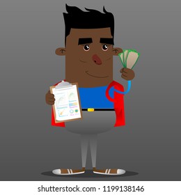 Schoolboy shows finance report and money bills. Vector cartoon character illustration.
