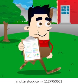 Schoolboy shows finance report. Vector cartoon character illustration.