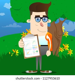Schoolboy shows finance report. Vector cartoon character illustration.