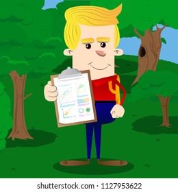 Schoolboy shows finance report. Vector cartoon character illustration.
