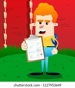 Schoolboy shows finance report. Vector cartoon character illustration.