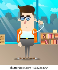 Schoolboy shows a you're nuts gesture by twisting his finger around his temple. Vector cartoon character illustration.