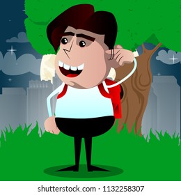 Schoolboy shows a you're nuts gesture by twisting his finger around his temple. Vector cartoon character illustration.