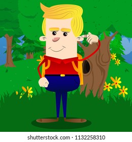 Schoolboy shows a you're nuts gesture by twisting his finger around his temple. Vector cartoon character illustration.