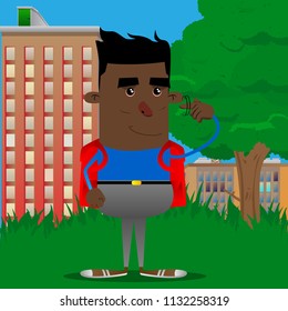 Schoolboy shows a you're nuts gesture by twisting his finger around his temple. Vector cartoon character illustration.