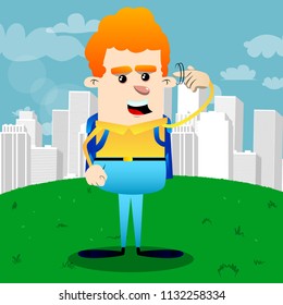 Schoolboy shows a you're nuts gesture by twisting his finger around his temple. Vector cartoon character illustration.