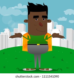 Schoolboy shrugs shoulders expressing don't know gesture. Vector cartoon character illustration.