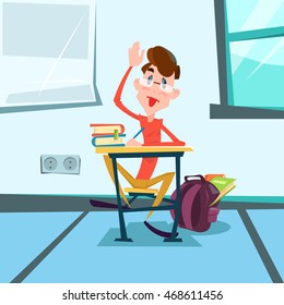 Schoolboy Sit School Desk Classroom Lesson Flat Vector Illustration