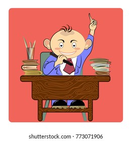 The schoolboy sits at the desk. Vector illustration