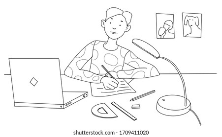 Schoolboy sits at home and studies at a desk with a laptop. School is online. Boy with a notebook and pen. Vector illustration in a line style