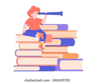 Schoolboy sits on top of a stack of books with a spyglass. Education, reading, exploration and adventure as a child. Vector flat illustration.