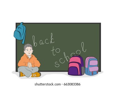 The schoolboy sits at the school board. School subjects. Hand drawn cartoon vector illustration for design and infographics.