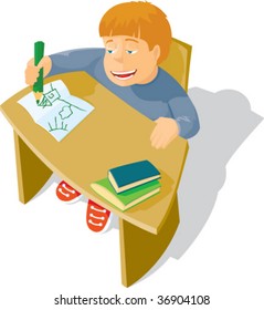 The schoolboy sits at a school desk