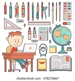Schoolboy sits at a table with a laptop. School office supplies. Vector illustration.