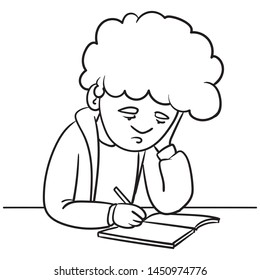 a schoolboy sits at the table and writes bored in a folder. comic character, outline, black and white.