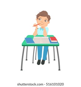 Schoolboy Sitting Behind The Desk In School Thinking About Something Chewing The Pencil Illustration, Part Of Scholars Studying Vector Collection.