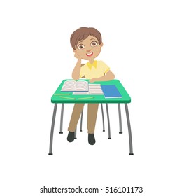 Schoolboy Sitting Behind The Desk In School In Dreamy Mood Resting His Head On His Hand Illustration, Part Of Scholars Studying Vector Collection.