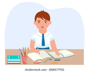 The schoolboy is sitting at a desk. The concept of teaching children at school or at home. Vector. Cartoon style.