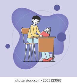 Schoolboy sitting at desk and reading book flat vector illustration. Young male character studying lesson in classroom. Education and school concept