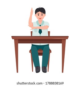 A schoolboy is sitting at a Desk. The student boy raised his hand to answer. The child smiles. School lesson. Elements are isolated on a white background.Color vector illustration in a flat style