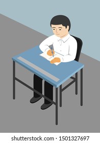 Schoolboy sitting at a desk writes in a notebook. Vector illustration