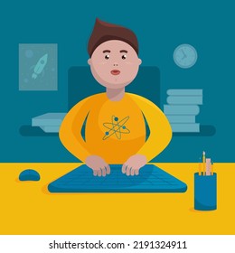 Schoolboy Sitting in Front of a Computer With the Blackboard, Books, Poster and Clock on the Background. Vector Illustration Perfect for Social Media, Banners, Printed Materials, etc.