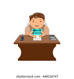 schoolboy sitting at his desk and wrote in a notebook . vector illustrations