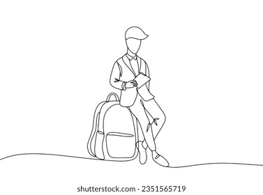 The schoolboy is sitting on a large briefcase. In his hands he has a certificate of complete secondary education. A day of struggle against the non-completion of secondary school children. One line dr