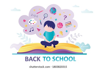 Schoolboy sitting on open book. Concept of back to school, education. Student boy thinks about stationery, supplies and learning. Horizontal web banner template in trendy style. Vector illustration