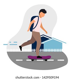 Schoolboy skateboarding flat vector illustration. Back to school. Teenage boy with backpack riding skate cartoon character isolated on white background. Modern school kid, child have fun