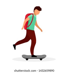 Schoolboy skateboarding flat vector illustration. Skateboarder, skater. Teenage boy with backpack riding skate cartoon character isolated on white background. Modern school kid, child have fun