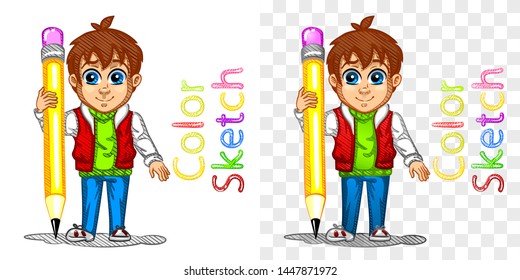 Schoolboy. Sketch of the cute cartoon character. Logo for school supplies. Color fill on white background, on another gradient. White background transparent in EPS. Vector illustration.