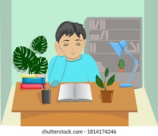 Schoolboy is sleeping with book