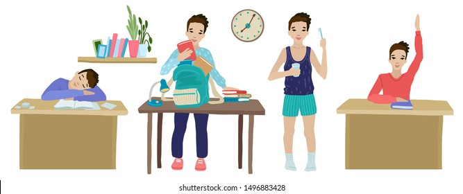 Schoolboy sleeping on lesson. Young boy pack a backpack with notebooks and books to the school. Kid standing with toothpaste and brush. School Kid raised his hand to answer in class. White background