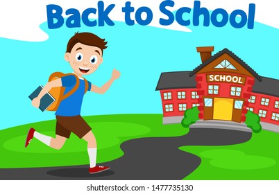 Schoolboy smiles and runs down path to school. Back to school