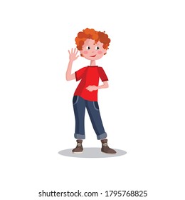 Schoolboy, smiling little boy, teenager. Isolated on a white background. A confident boy stands with his hand up. Element for design.
