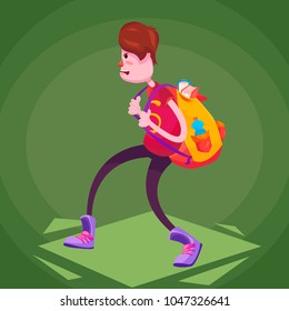 A schoolboy in sneakers comes with a heavy backpack on his back