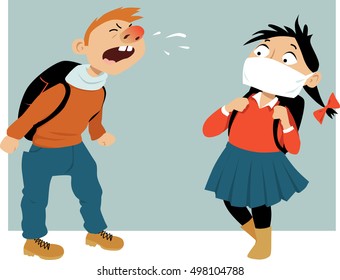 Schoolboy sneezing at his classmate, who is wearing a medical face mask, EPS 8 vector illustration, no transparencies