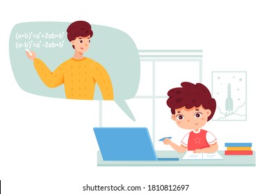 Schoolboy solves equations in algebra lesson at home distance learning. Cute kid doing homework from video at laptop. Vector character illustration of boy studying math, teacher in online school